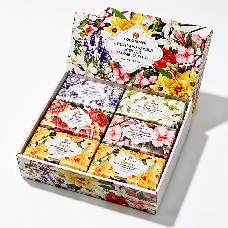CG-MS-180 COCOAIMEE Marseille Scented Soap Gift Set, 6×180g Floral Natural Plant‑Based Soap for Body Face Hand, Gentle for Sensitive Skin Christmas Gift Box