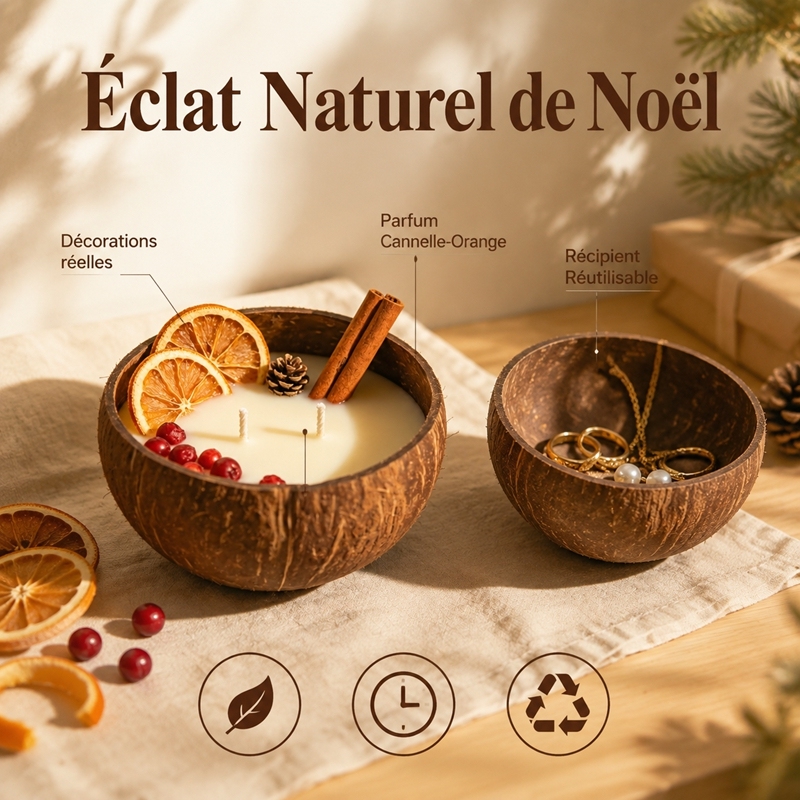 Bougie aromathérapie artisanale à deux mèches en coque de coco cire de soja naturelle, décorée d’oranges séchées et canneberges, sans fumée ni toxique, cadeau décoration de Noël