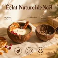 Bougie aromathérapie artisanale à deux mèches en coque de coco cire de soja naturelle, décorée d’oranges séchées et canneberges, sans fumée ni toxique, cadeau décoration de Noël