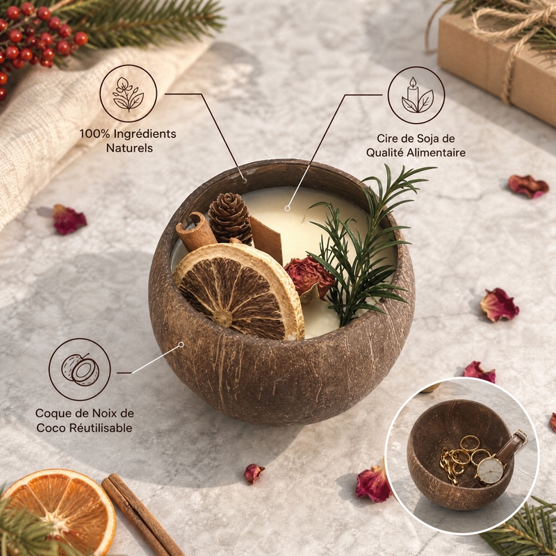 Bougie aromathérapie artisanale en coque de noix de coco cire de soja alimentaire décorée fruits et fleurs séchées, combustion sans fumée sans toxique, cadeau décoration hiver Noël