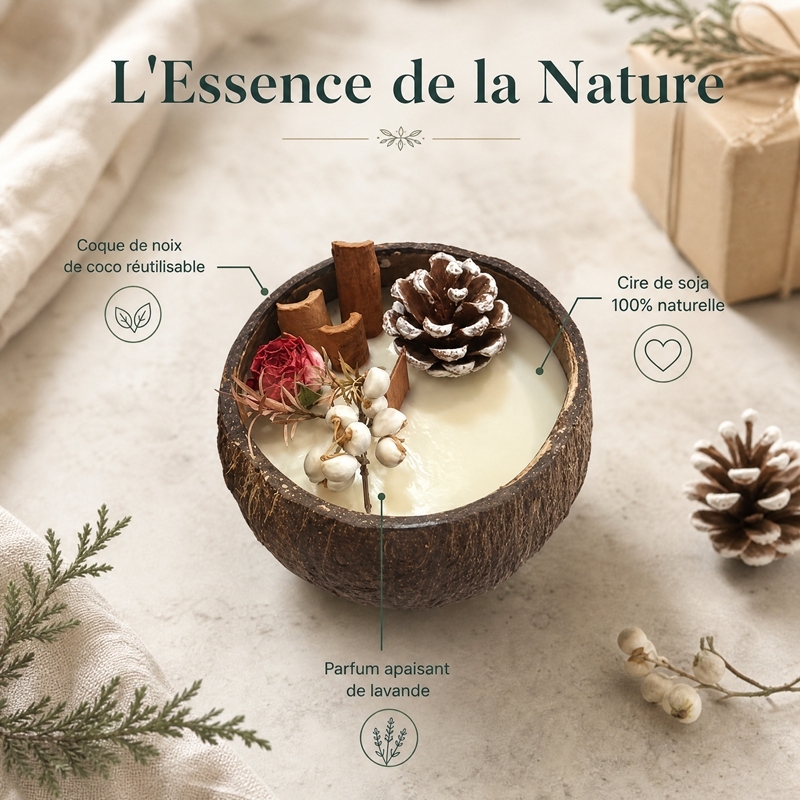 Handmade Natural Coconut Shell Aromatherapy Candle, Non-Toxic Smokeless Soy Wax with Dried Rose Cinnamon Pinecone Decor, Calming Lavender Scent Home Decor Christmas Gift