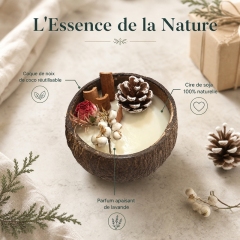 Handmade Natural Coconut Shell Aromatherapy Candle, Non-Toxic Smokeless Soy Wax with Dried Rose Cinnamon Pinecone Decor, Calming Lavender Scent Home Decor Christmas Gift
