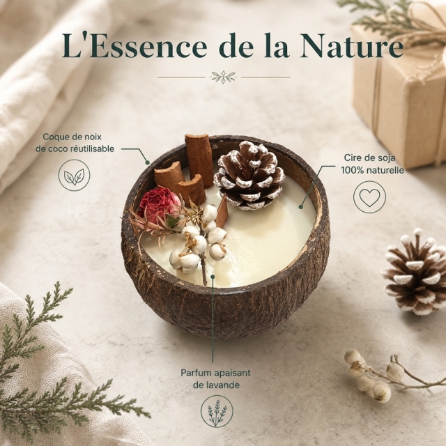 Handmade Natural Coconut Shell Aromatherapy Candle, Non-Toxic Smokeless Soy Wax with Dried Rose Cinnamon Pinecone Decor, Calming Lavender Scent Home Decor Christmas Gift