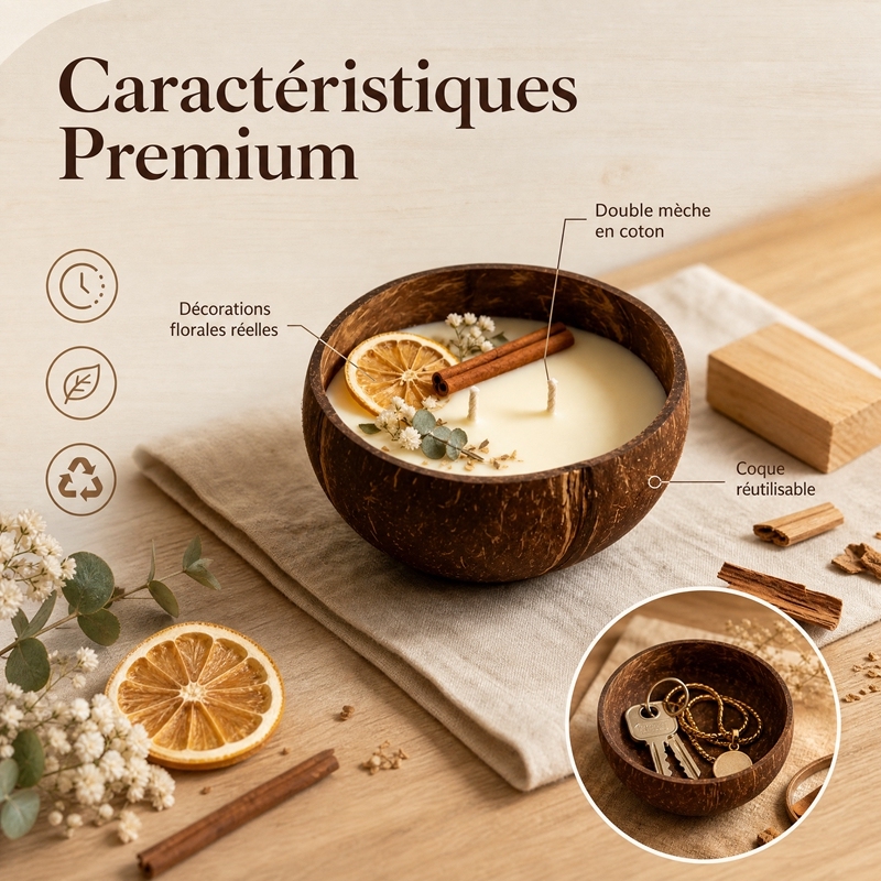 Bougie aromathérapie artisanale à double mèche en coton, coque de noix de coco cire de soja naturelle décorée orange séchée eucalyptus et fleurs, combustion propre sans fumée, parfum d’hiver cadeau décoration Noël