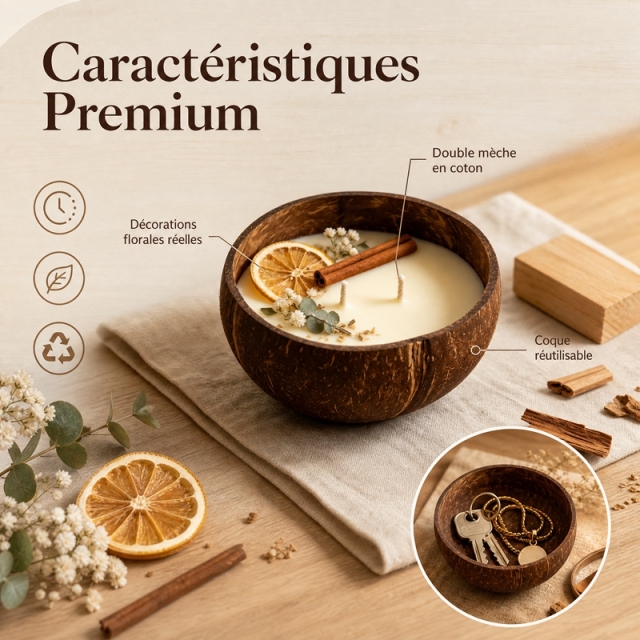 Bougie aromathérapie artisanale à double mèche en coton, coque de noix de coco cire de soja naturelle décorée orange séchée eucalyptus et fleurs, combustion propre sans fumée, parfum d’hiver cadeau décoration Noël