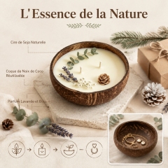 Handmade Double Cotton Wick Coconut Shell Aromatherapy Candle, 100% Natural Smokeless Soy Wax with Dried Lavender Eucalyptus Decor, Calming Wood Lavender Scent Home Decor Christmas Gift