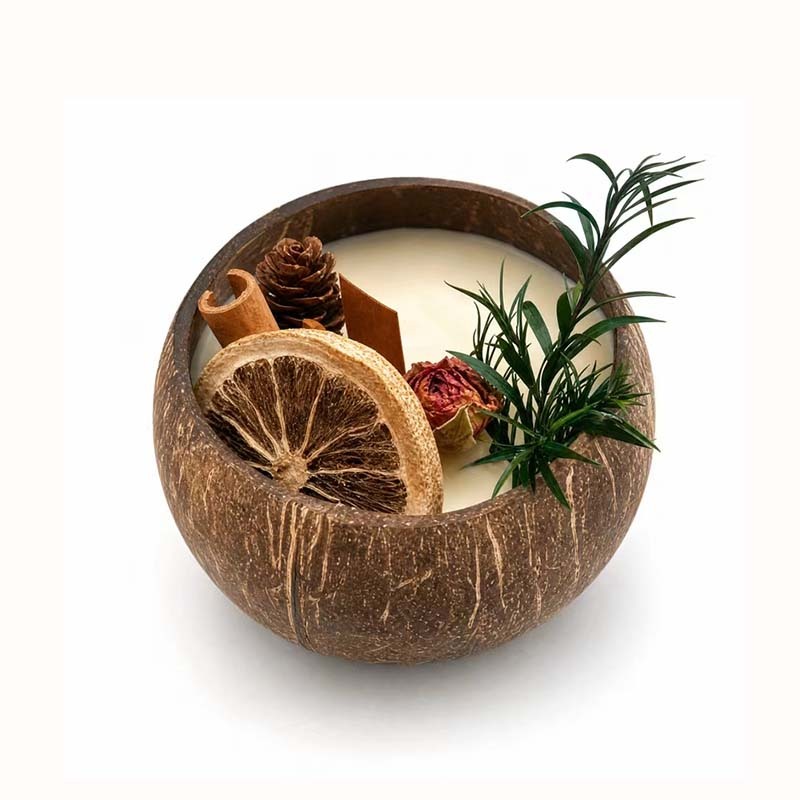 Bougie aromathérapie artisanale en coque de noix de coco cire de soja alimentaire décorée fruits et fleurs séchées, combustion sans fumée sans toxique, cadeau décoration hiver Noël