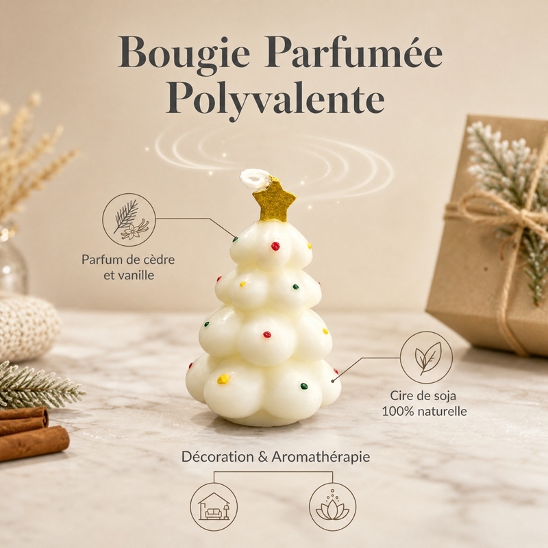Handmade 3D Bubble Christmas Tree Aromatherapy Candle, 100% Natural Smokeless Soy Wax with Cedar Vanilla Fragrance, Mini Xmas Table Ornament Creative Holiday Gift