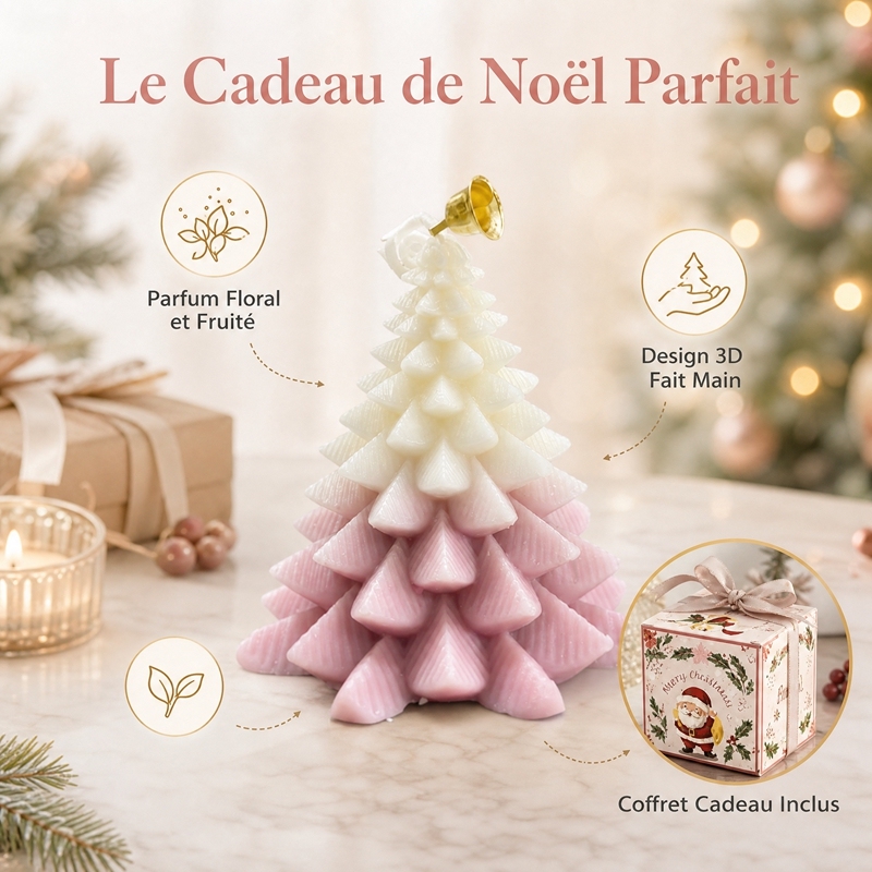 Bougie aromathérapie sapin 3D dégradé rose crème artisanale, cire de soja naturelle sans fumée parfum floral fruité, décoration table Noël avec clochette dorée et coffret cadeau