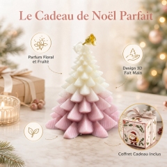 Bougie aromathérapie sapin 3D dégradé rose crème artisanale, cire de soja naturelle sans fumée parfum floral fruité, décoration table Noël avec clochette dorée et coffret cadeau