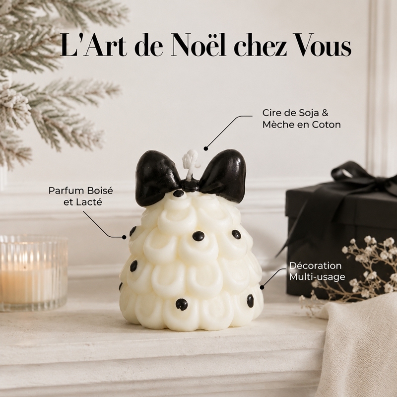 Bougie aromathérapie sapin de Noël à plis crème artisanale, cire de soja naturelle sans fumée parfum boisé lacté, décoration style ins avec nœud noir et pois cadeau de fête