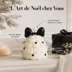 Bougie aromathérapie sapin de Noël à plis crème artisanale, cire de soja naturelle sans fumée parfum boisé lacté, décoration style ins avec nœud noir et pois cadeau de fête