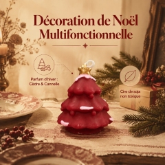 Handmade Retro Burgundy Snowy Xmas Tree Aromatherapy Candle, Natural Smokeless Soy Wax Cedar Cinnamon Winter Fragrance, Golden Star Topper Festive Table Ornament Holiday Gift