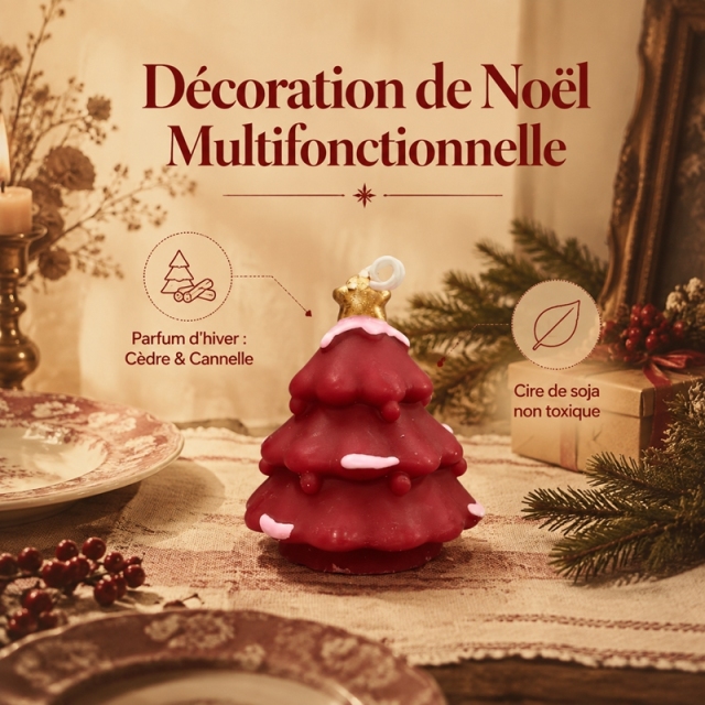 Handmade Retro Burgundy Snowy Xmas Tree Aromatherapy Candle, Natural Smokeless Soy Wax Cedar Cinnamon Winter Fragrance, Golden Star Topper Festive Table Ornament Holiday Gift
