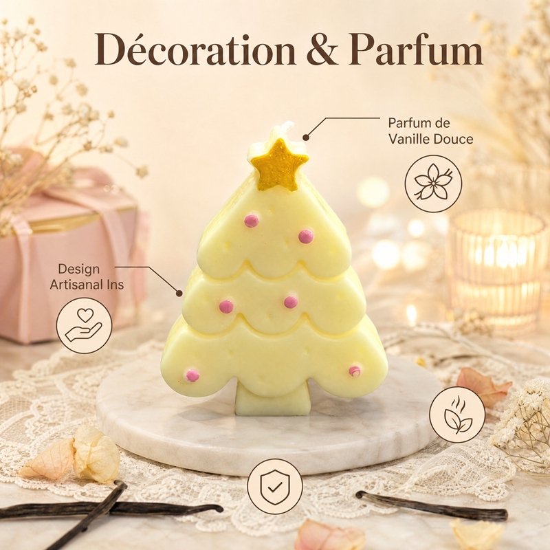 Bougie aromathérapie sapin de Noël macaron jaune crème artisanale, cire de soja naturelle sans fumée parfum vanille lactée douce, déco ins avec étoile dorée et perles roses, coffret rose cadeau de Noël