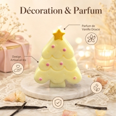 Bougie aromathérapie sapin de Noël macaron jaune crème artisanale, cire de soja naturelle sans fumée parfum vanille lactée douce, déco ins avec étoile dorée et perles roses, coffret rose cadeau de Noël
