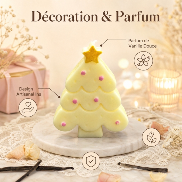 Bougie aromathérapie sapin de Noël macaron jaune crème artisanale, cire de soja naturelle sans fumée parfum vanille lactée douce, déco ins avec étoile dorée et perles roses, coffret rose cadeau de Noël