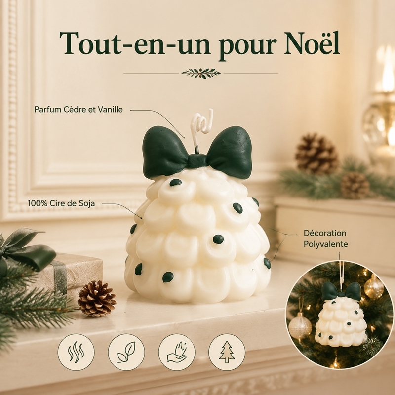 Bougie aromathérapie sapin de Noël en forme de nuage crème artisanale, cire de soja naturelle sans fumée parfum cèdre et vanille, décoration nœud vert foncé et points verts, déco maison style français doux cadeau de Noël