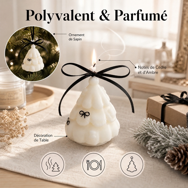Hand Painted Black Bow Cream White Cloud 3D Xmas Tree Scented Candle, Smokeless Natural Soy Wax Cedar & Amber Woody Fragrance, Elegant Ins Style Table Decor, Hangable Christmas Tree Ornament Luxury Holiday Gift Box