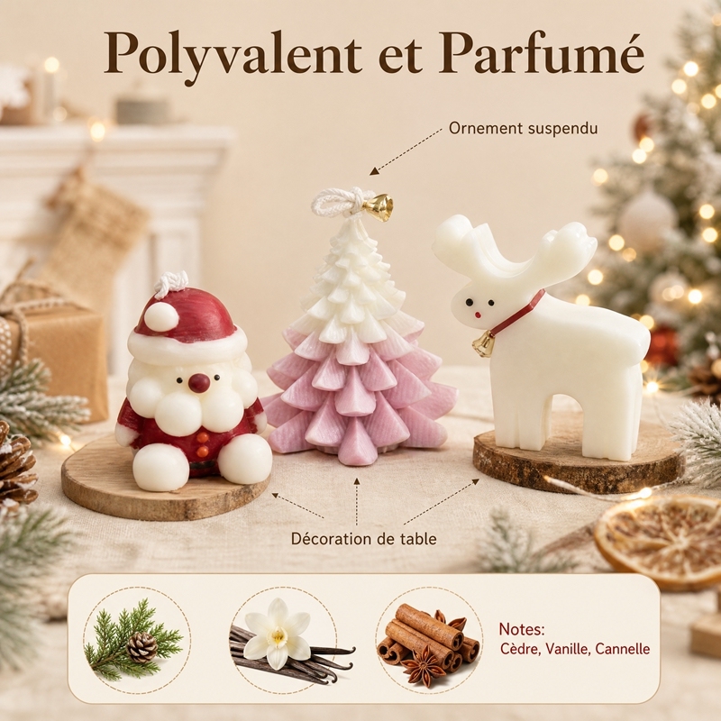 Coffret de 3 bougies parfumées artisanales style crème français, modèles Père Noël, sapin dégradé rose et renne, cire de soja naturelle sans fumée parfum cèdre vanille cannelle, ornements suspendus pour sapin, coffret cadeau complet veille de Noël