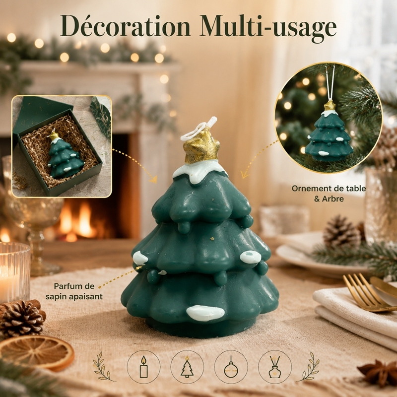 Bougie artisanale sapin de Noël vert foncé avec étoile à paillettes dorées, cire de soja naturelle sans fumée parfum apaisant au sapin, sculpture imitation neige déco de table, ornement suspendu sapin, coffret cadeau ambiance veille de Noël