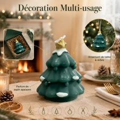 Bougie artisanale sapin de Noël vert foncé avec étoile à paillettes dorées, cire de soja naturelle sans fumée parfum apaisant au sapin, sculpture imitation neige déco de table, ornement suspendu sapin, coffret cadeau ambiance veille de Noël