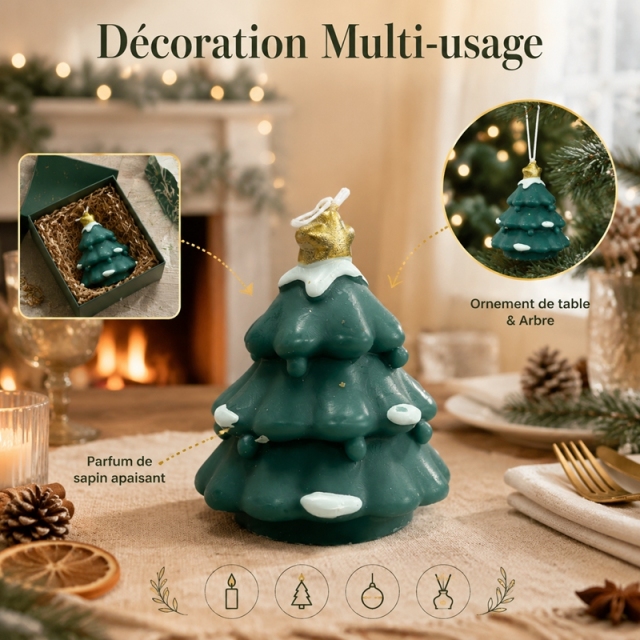 Bougie artisanale sapin de Noël vert foncé avec étoile à paillettes dorées, cire de soja naturelle sans fumée parfum apaisant au sapin, sculpture imitation neige déco de table, ornement suspendu sapin, coffret cadeau ambiance veille de Noël