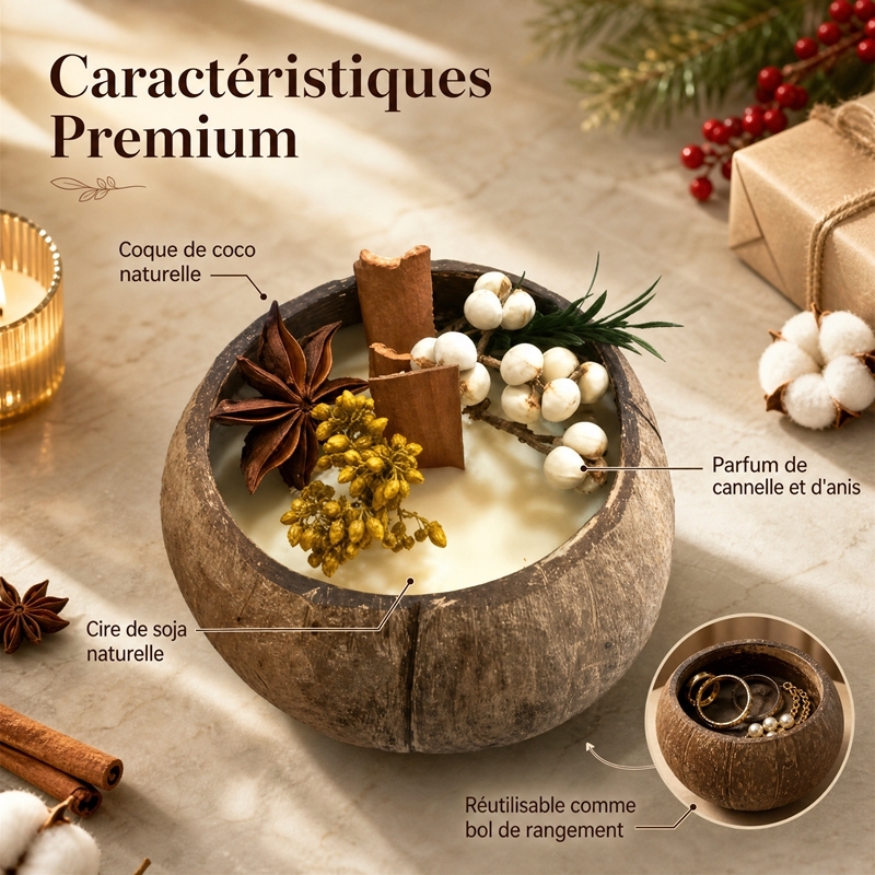 Bougie aromathérapie artisanale en coque de coco cire de soja naturelle décorée fleurs séchées cannelle anis sans toxique cadeau maison