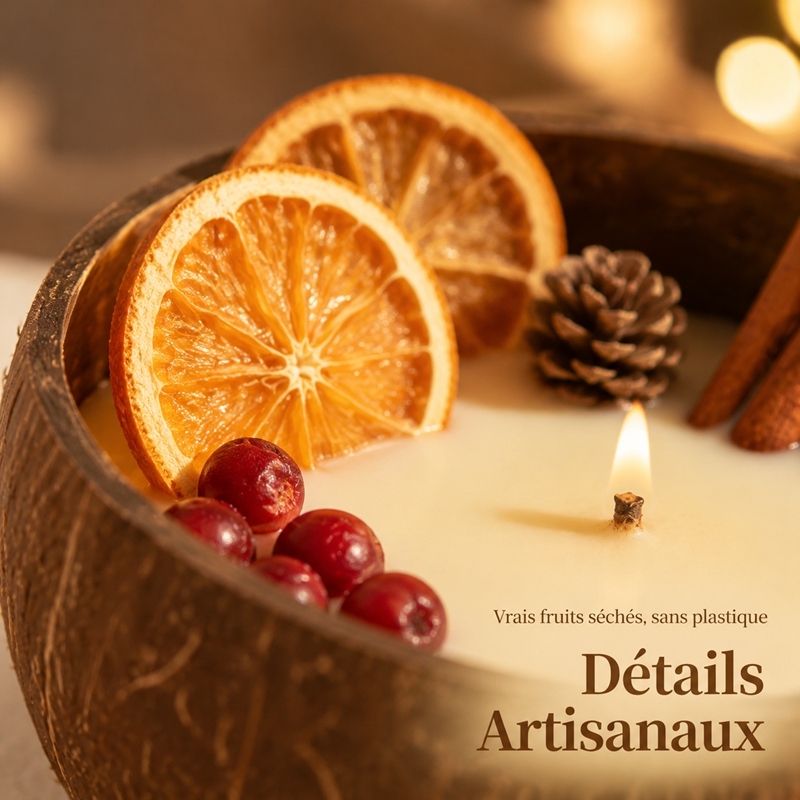 Bougie aromathérapie artisanale à deux mèches en coque de coco cire de soja naturelle, décorée d’oranges séchées et canneberges, sans fumée ni toxique, cadeau décoration de Noël