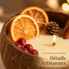 Bougie aromathérapie artisanale à deux mèches en coque de coco cire de soja naturelle, décorée d’oranges séchées et canneberges, sans fumée ni toxique, cadeau décoration de Noël