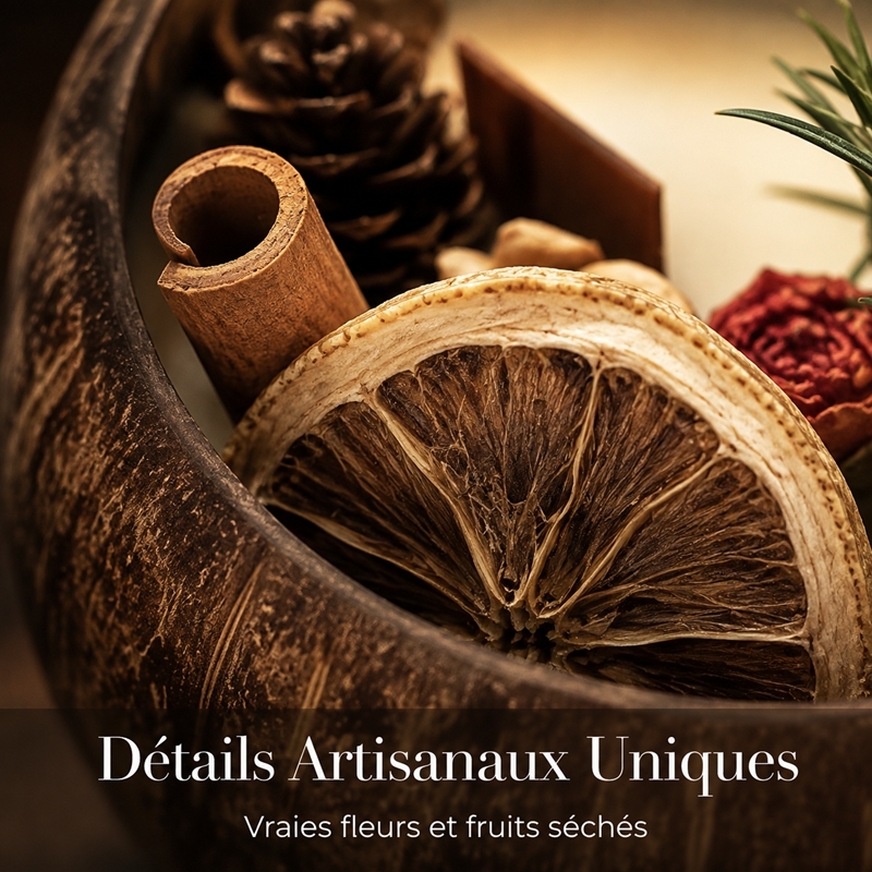 Bougie aromathérapie artisanale en coque de noix de coco cire de soja alimentaire décorée fruits et fleurs séchées, combustion sans fumée sans toxique, cadeau décoration hiver Noël
