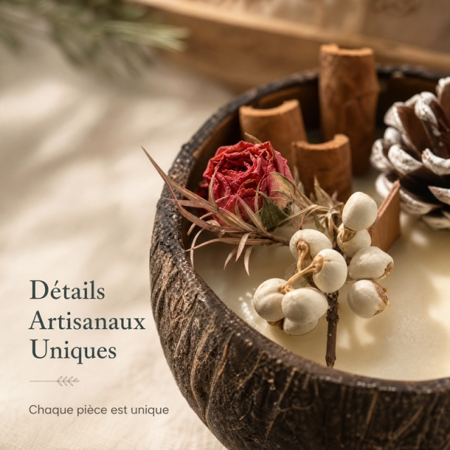 Handmade Natural Coconut Shell Aromatherapy Candle, Non-Toxic Smokeless Soy Wax with Dried Rose Cinnamon Pinecone Decor, Calming Lavender Scent Home Decor Christmas Gift