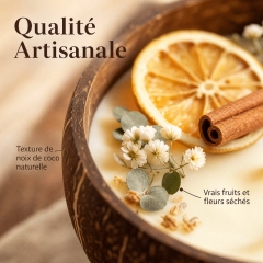 Bougie aromathérapie artisanale à double mèche en coton, coque de noix de coco cire de soja naturelle décorée orange séchée eucalyptus et fleurs, combustion propre sans fumée, parfum d’hiver cadeau décoration Noël