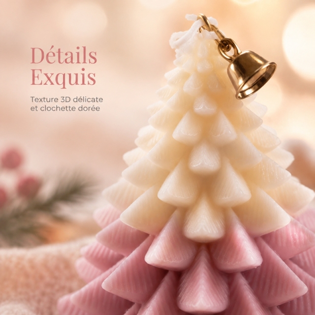 Bougie aromathérapie sapin 3D dégradé rose crème artisanale, cire de soja naturelle sans fumée parfum floral fruité, décoration table Noël avec clochette dorée et coffret cadeau