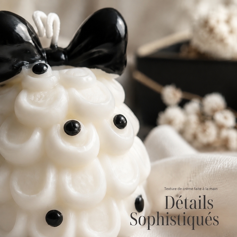 Bougie aromathérapie sapin de Noël à plis crème artisanale, cire de soja naturelle sans fumée parfum boisé lacté, décoration style ins avec nœud noir et pois cadeau de fête