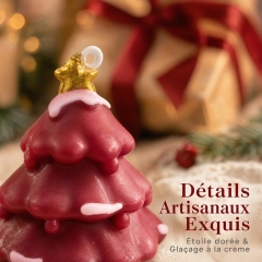 Handmade Retro Burgundy Snowy Xmas Tree Aromatherapy Candle, Natural Smokeless Soy Wax Cedar Cinnamon Winter Fragrance, Golden Star Topper Festive Table Ornament Holiday Gift