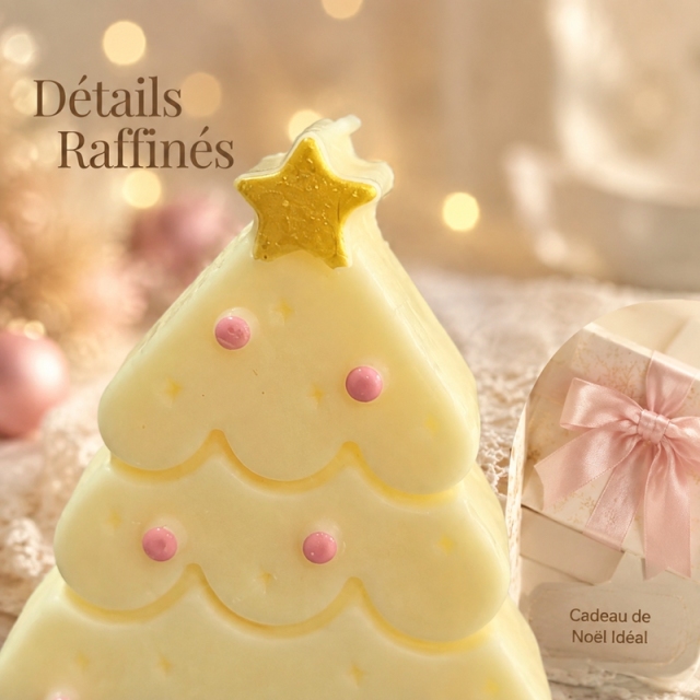 Bougie aromathérapie sapin de Noël macaron jaune crème artisanale, cire de soja naturelle sans fumée parfum vanille lactée douce, déco ins avec étoile dorée et perles roses, coffret rose cadeau de Noël