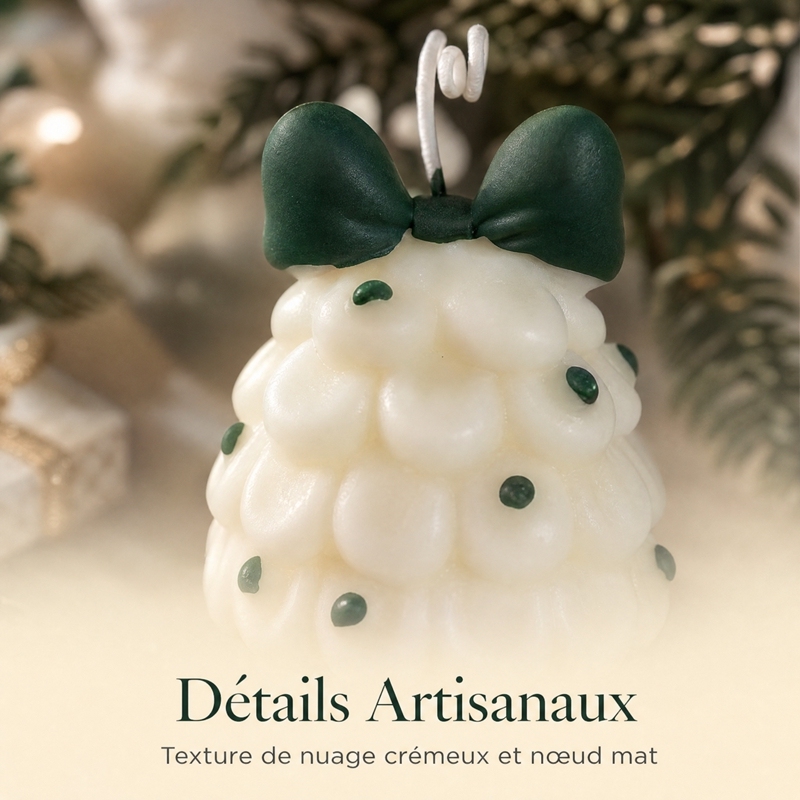 Bougie aromathérapie sapin de Noël en forme de nuage crème artisanale, cire de soja naturelle sans fumée parfum cèdre et vanille, décoration nœud vert foncé et points verts, déco maison style français doux cadeau de Noël