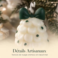 Bougie aromathérapie sapin de Noël en forme de nuage crème artisanale, cire de soja naturelle sans fumée parfum cèdre et vanille, décoration nœud vert foncé et points verts, déco maison style français doux cadeau de Noël