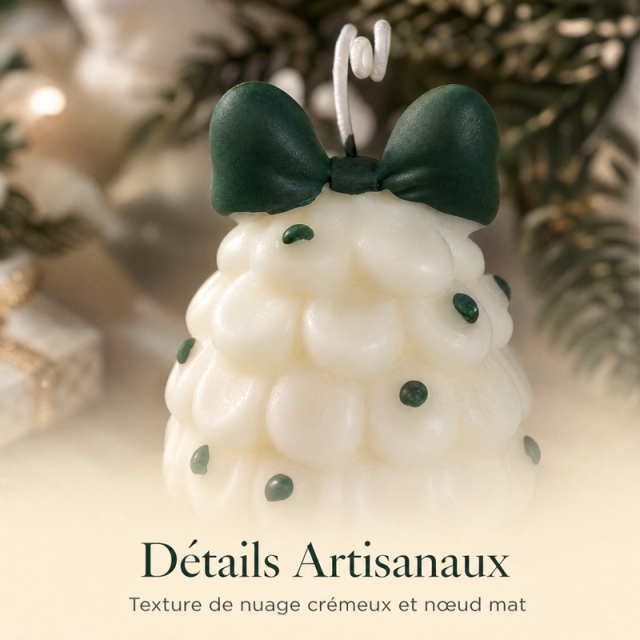 Bougie aromathérapie sapin de Noël en forme de nuage crème artisanale, cire de soja naturelle sans fumée parfum cèdre et vanille, décoration nœud vert foncé et points verts, déco maison style français doux cadeau de Noël