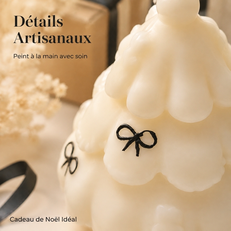 Hand Painted Black Bow Cream White Cloud 3D Xmas Tree Scented Candle, Smokeless Natural Soy Wax Cedar & Amber Woody Fragrance, Elegant Ins Style Table Decor, Hangable Christmas Tree Ornament Luxury Holiday Gift Box