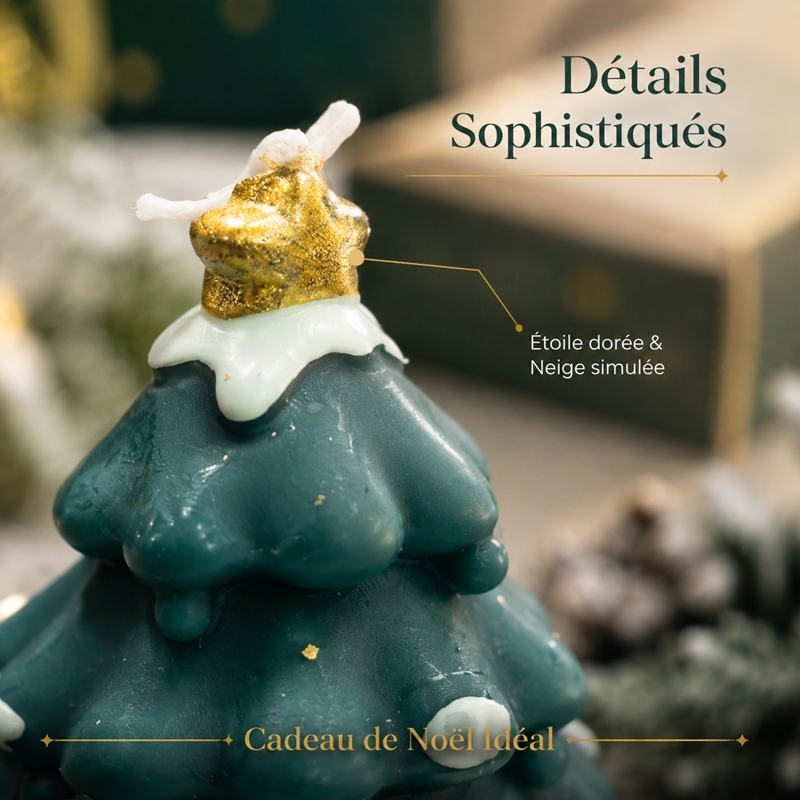 Bougie artisanale sapin de Noël vert foncé avec étoile à paillettes dorées, cire de soja naturelle sans fumée parfum apaisant au sapin, sculpture imitation neige déco de table, ornement suspendu sapin, coffret cadeau ambiance veille de Noël