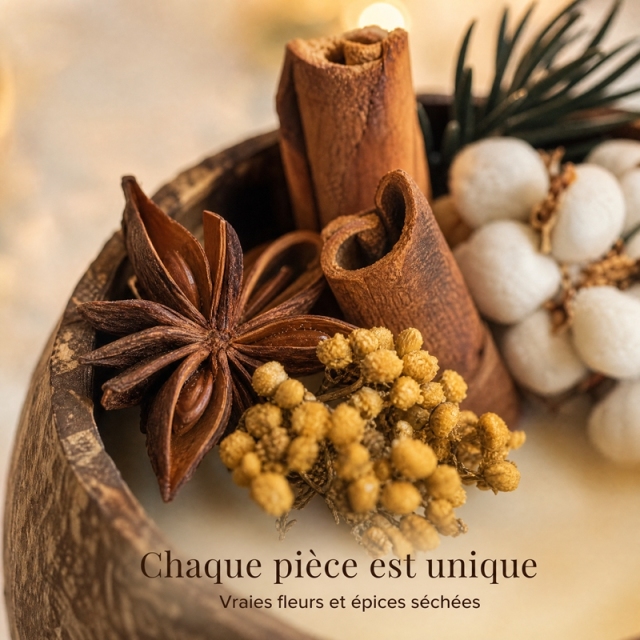 Bougie aromathérapie artisanale en coque de coco cire de soja naturelle décorée fleurs séchées cannelle anis sans toxique cadeau maison