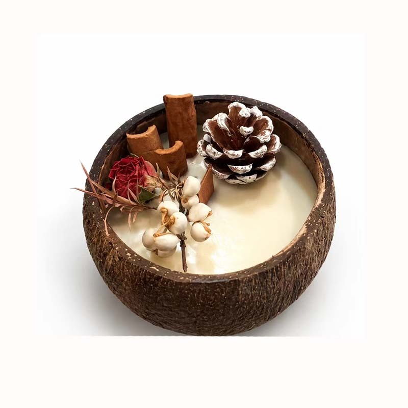 Handmade Natural Coconut Shell Aromatherapy Candle, Non-Toxic Smokeless Soy Wax with Dried Rose Cinnamon Pinecone Decor, Calming Lavender Scent Home Decor Christmas Gift