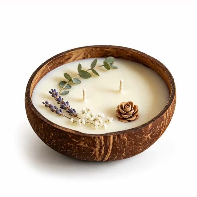 Handmade Double Cotton Wick Coconut Shell Aromatherapy Candle, 100% Natural Smokeless Soy Wax with Dried Lavender Eucalyptus Decor, Calming Wood Lavender Scent Home Decor Christmas Gift