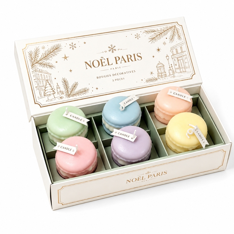 Set of 6 handcrafted scented candles in the shape of macarons, natural soy wax, soft floral fragrance, smokeless, elegant Parisian-style box, perfect gift for Christmas and friends