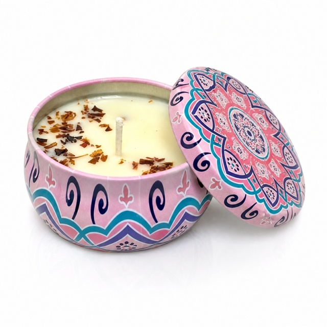 Bougie parfumée de Noël en cire de soja avec fleurs séchées naturelles, boîte en fer imprimé mandala sans fumée, décoration maison et cadeau de fête
