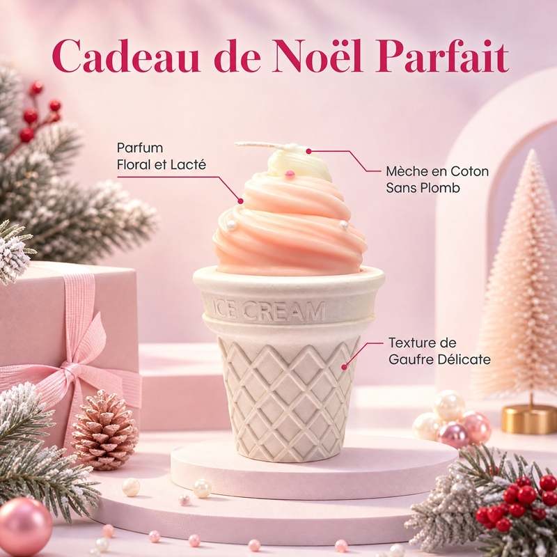Bougie parfumée créative en cornet de gaufre crème glacée, cire de soja 100% naturelle, mèche coton sans plomb sans fumée, décoration maison et cadeau de Noël original