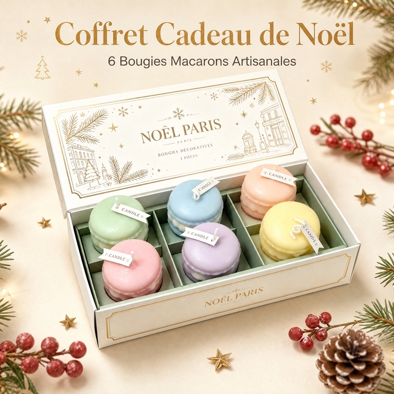 Set of 6 handcrafted scented candles in the shape of macarons, natural soy wax, soft floral fragrance, smokeless, elegant Parisian-style box, perfect gift for Christmas and friends