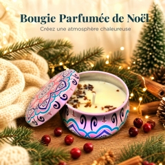 Bougie parfumée de Noël en cire de soja avec fleurs séchées naturelles, boîte en fer imprimé mandala sans fumée, décoration maison et cadeau de fête